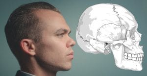 A side profile of a man with TMJ dysfunction against a teal wall and a drawing of a skull showing the temporomandibular joint