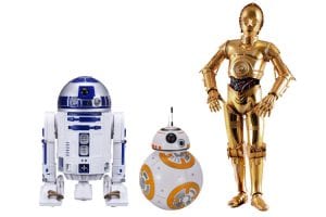Star Wars drones in a line to celebrate May 4th: blue and white R2D2, orange and white BB8, and gold metal humanoid C3PO