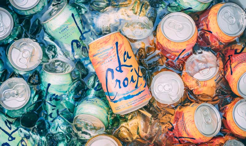 Aerial view of La Croix sparkling water in a bucket of melting ice